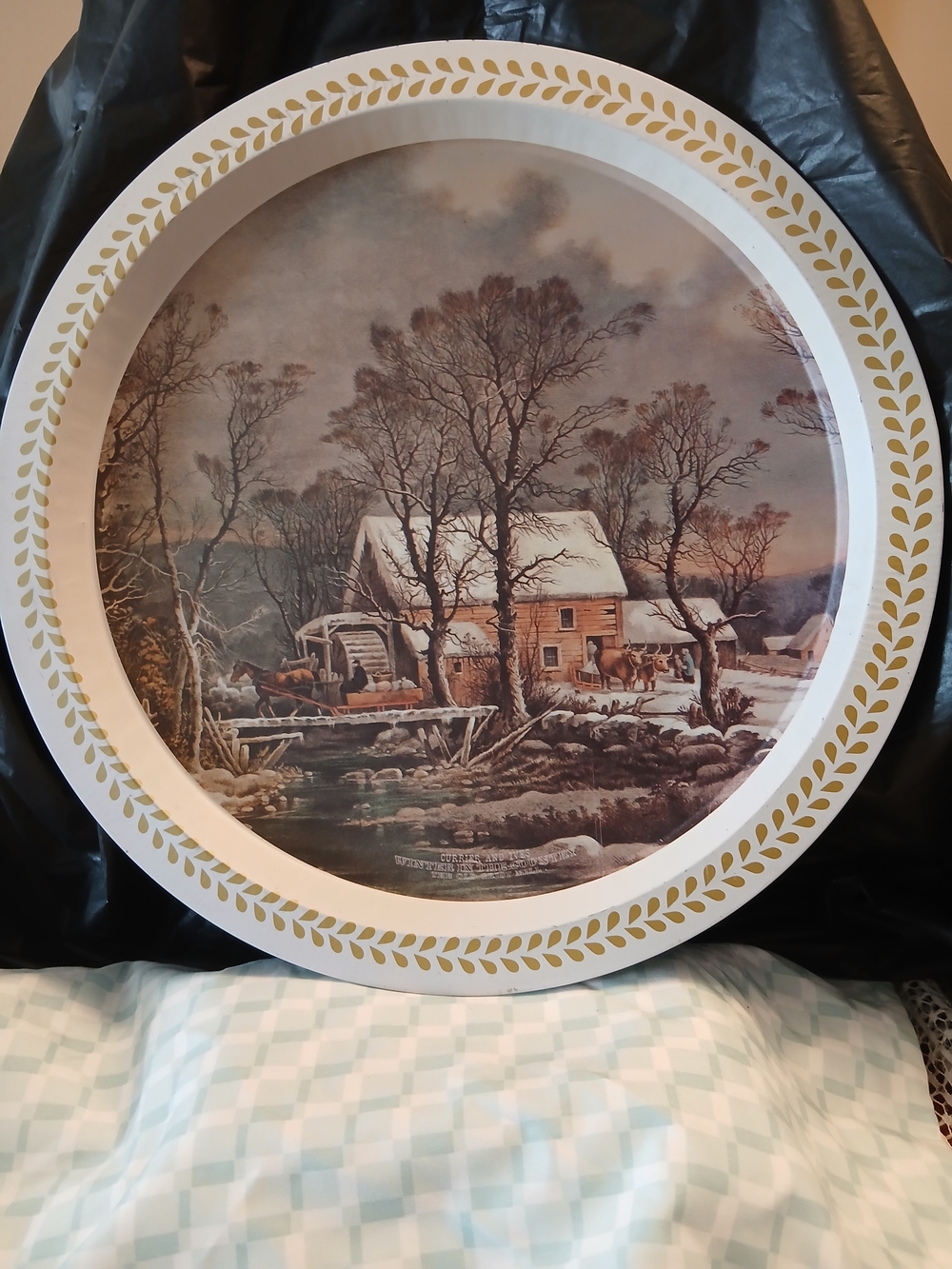 Round Winter Scene Serving Tray in White and Gold